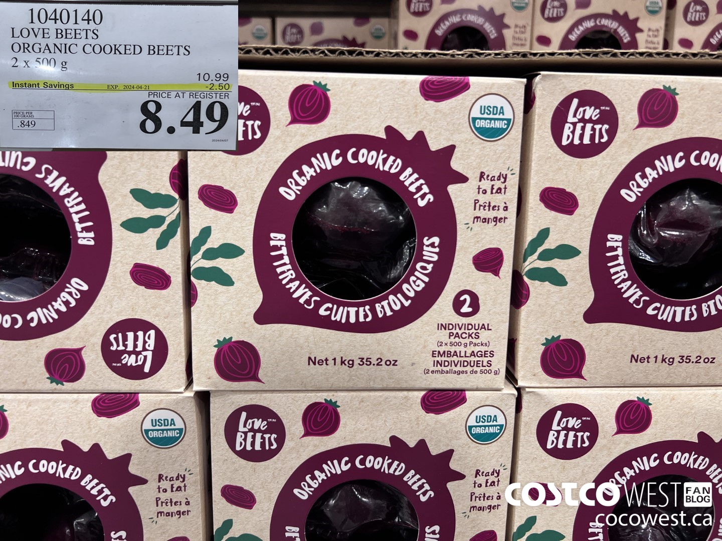 1040140 LOVE BEETS ORGANIC COOKED BEETS 2 x 500g ($2.50 INSTANT SAVINGS EXPIRES ON 2024-04-21) $8.49