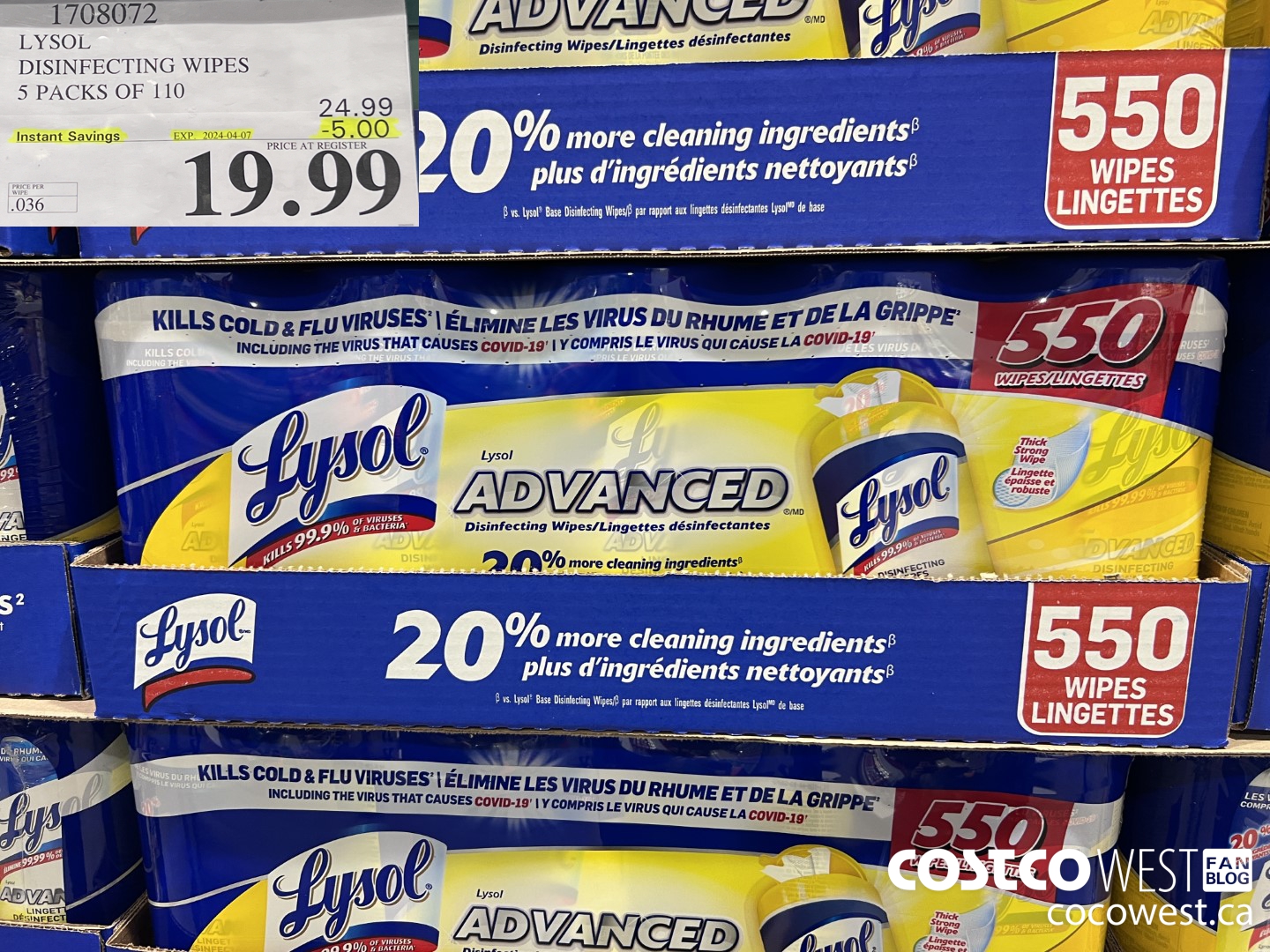 1708072 LYSOL DISINFECTING WIPES 5 X 110 WIPES ($5.00 INSTANT SAVINGS EXPIRES ON 2024-04-07) $19.99
