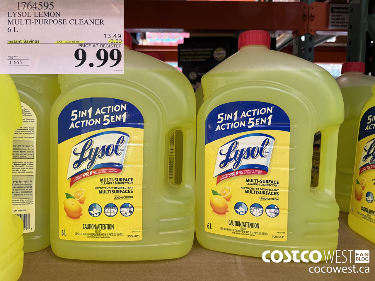 1764595 LYSOL LEMON MULTI-PURPOSE CLEANER 6L ($3.50 INSTANT SAVINGS EXPIRES ON 2024-05-05) $9.99