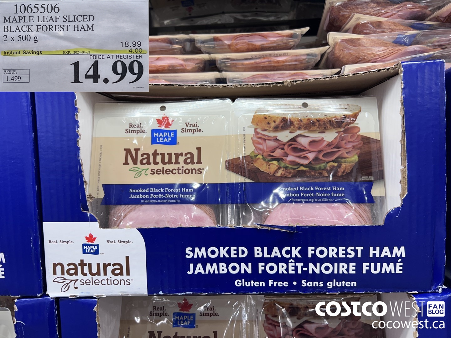 1065506 MAPLE LEAF NATURAL SELECTIONS SLICED BF HAM 2 X 500 G ($4.00 INSTANT SAVINGS EXPIRES ON 2024-04-21) $14.99