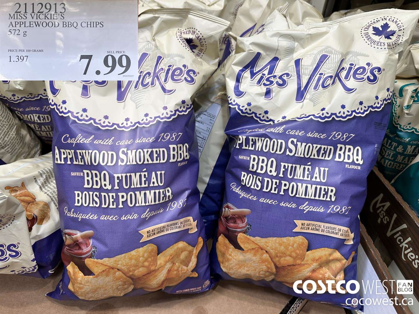 2112913 MISS VICKIE'S APPLEWOOD BBQ CHIPS 572G $7.99