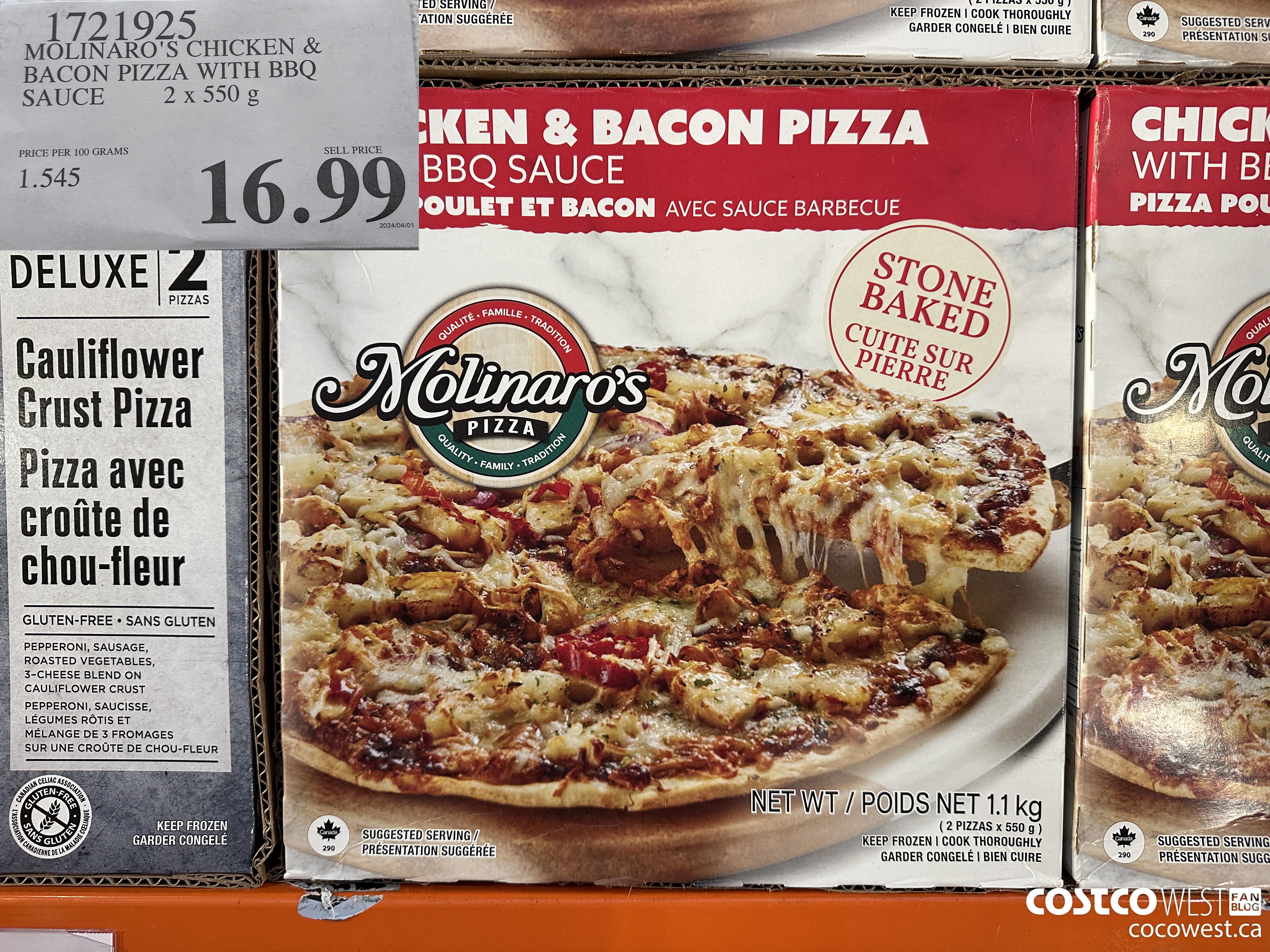 1721925 MOLINARO'S CHICKEN & BACON PIZZA WITH BBQ SAUCE 2x550g $16.99