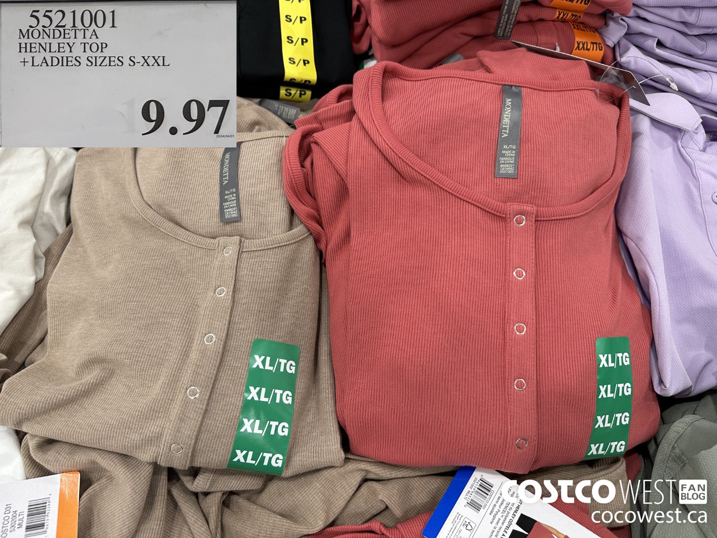 5521001 MONDETTA HENLEY TOP LADIES SIZES S-XXL $9.97