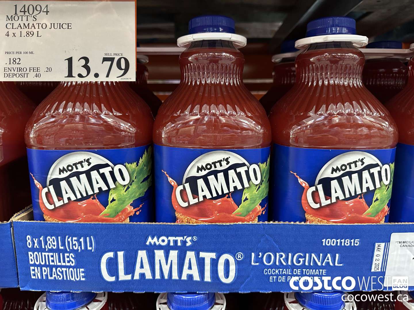 14094 MOTTS CLAMATO JUICE 4 X 1.89 L $13.79