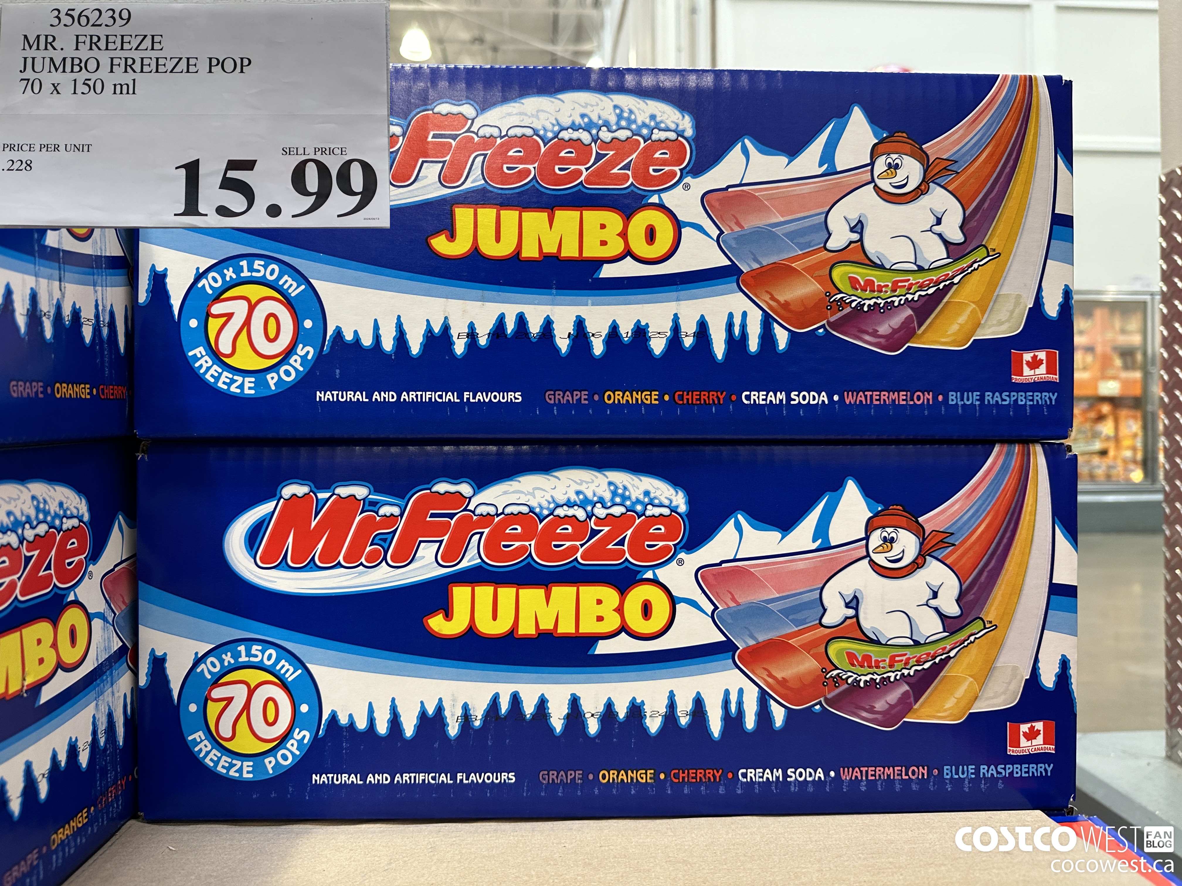 356239 MR. FREEZE JUMBO FREEZE POP 70 x 150 mL $15.99