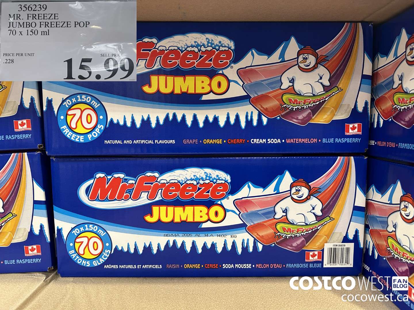 356239 MR. FREEZE JUMBO FREEZE POP 70 x 150 mL $15.99