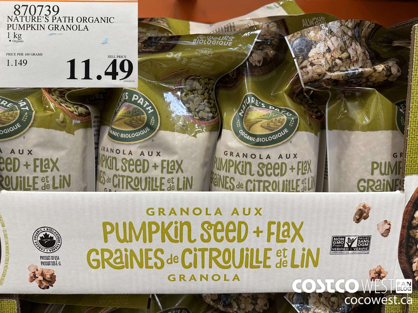 870739 NATURE'S PATH PUMPKIN GRANOLA 1KG $11.49
