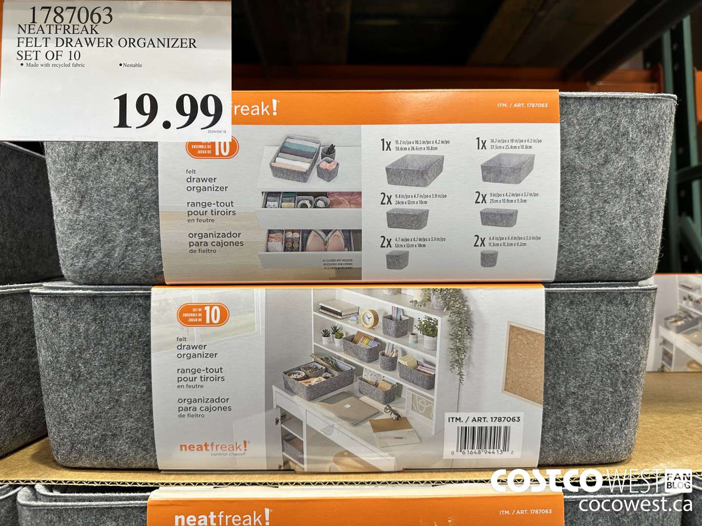 1787063 NEATFREAK FELT DRAWER ORGANIZER SET OF 10 $19.99