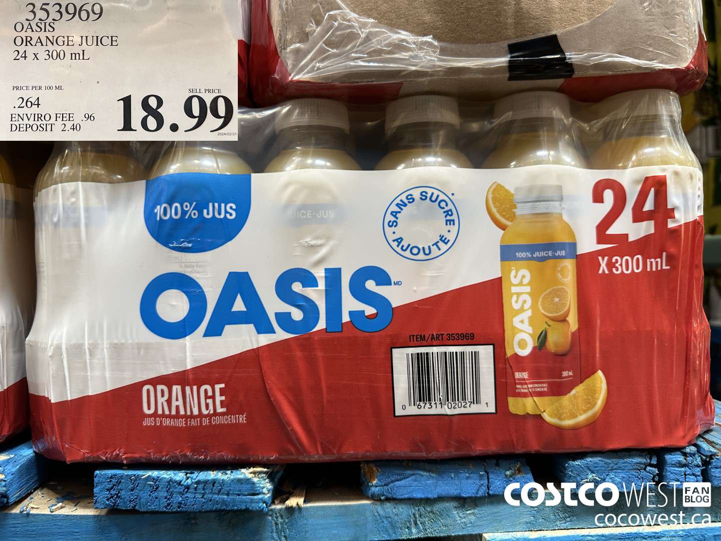 353969 OASIS ORANGE JUICE 24 x 300 mL ($4.00 INSTANT SAVINGS) $18.99