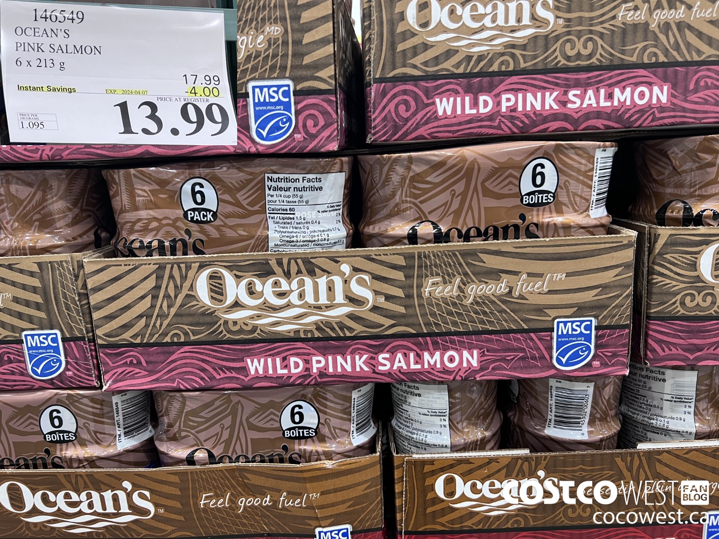146549 OCEAN'S PINK SALMON 6 X 213 G ($4.00 INSTANT SAVINGS EXPIRES ON 2024-04-07) $13.99