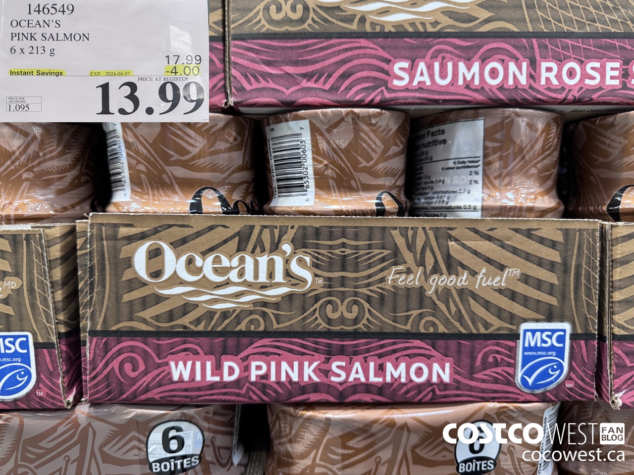 146549 OCEAN'S PINK SALMON 6 X 213 G ($4.00 INSTANT SAVINGS EXPIRES ON 2024-04-07) $13.99