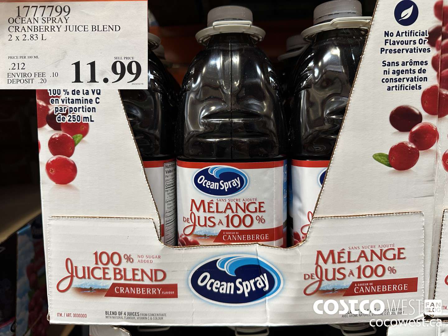1777799 OCEAN SPRAY CRANBERRY JUICE BLEND 2 X 2.83 L $11.99