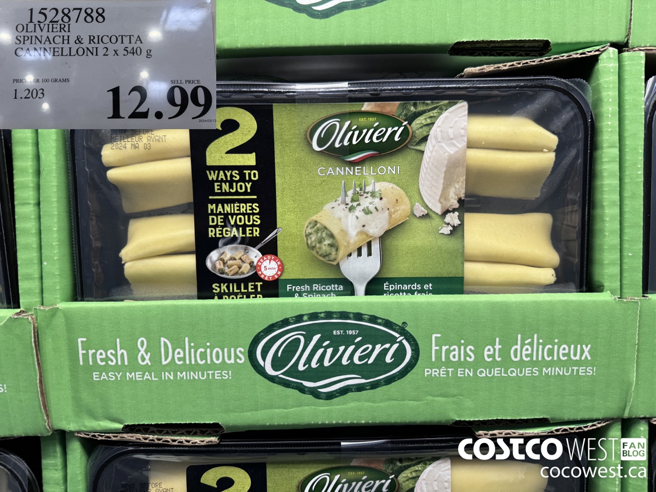 1528788 OLIVIERI SPINACH & RICOTTA CANNELLONI 2 x 540 g $12.99