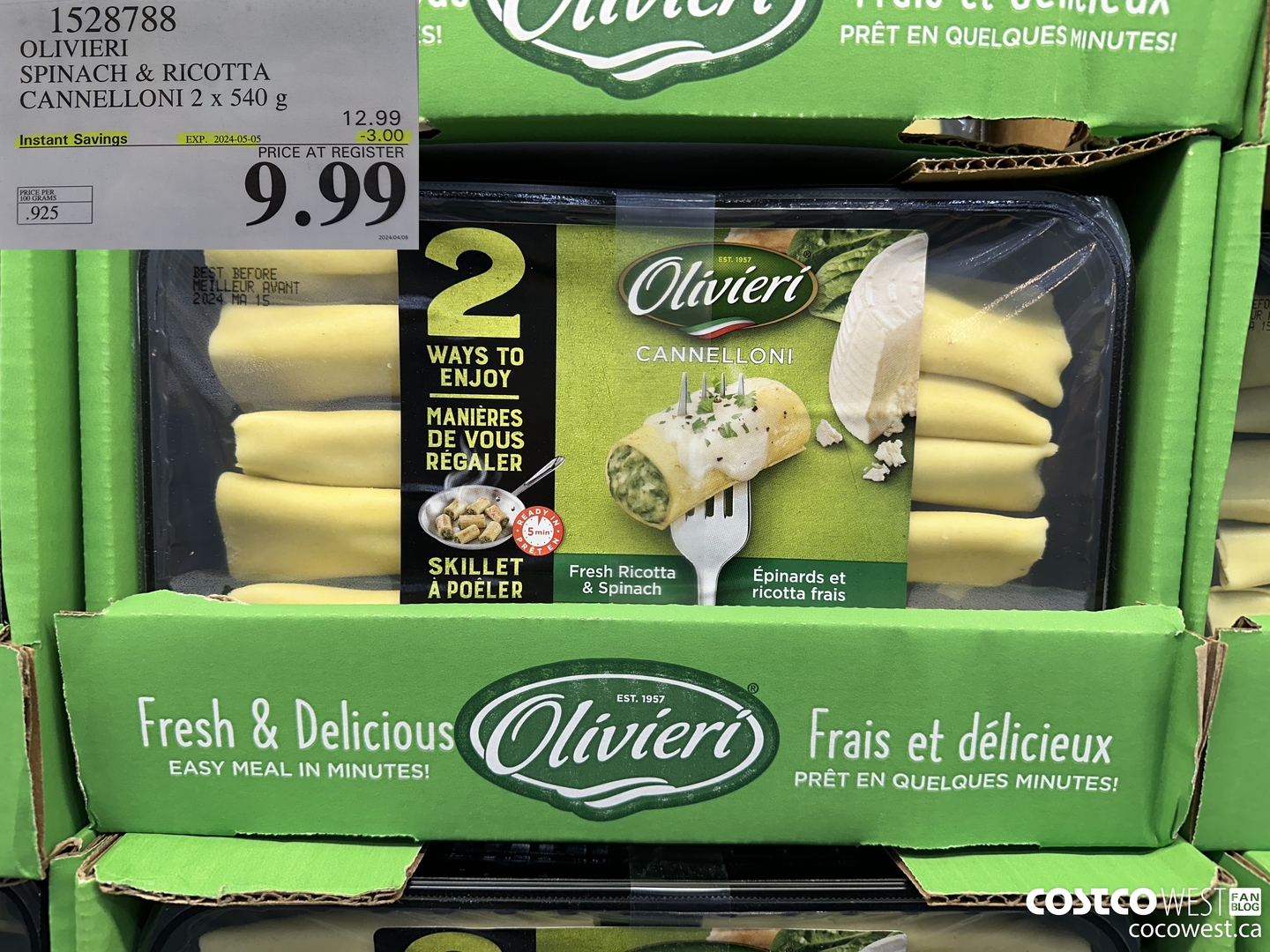 1528788 OLIVIERI SPINACH & RICOTTA CANNELLONI 2 x 540 g ($3.00 INSTANT SAVINGS EXPIRES ON 2024-05-05) $9.99