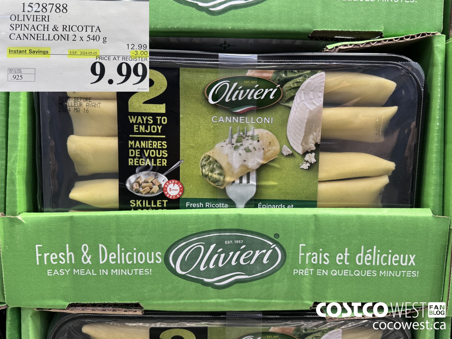 1528788 OLIVIERI SPINACH & RICOTTA CANNELLONI 2 x 540 g ($3.00 INSTANT SAVINGS EXPIRES ON 2024-05-05) $9.99