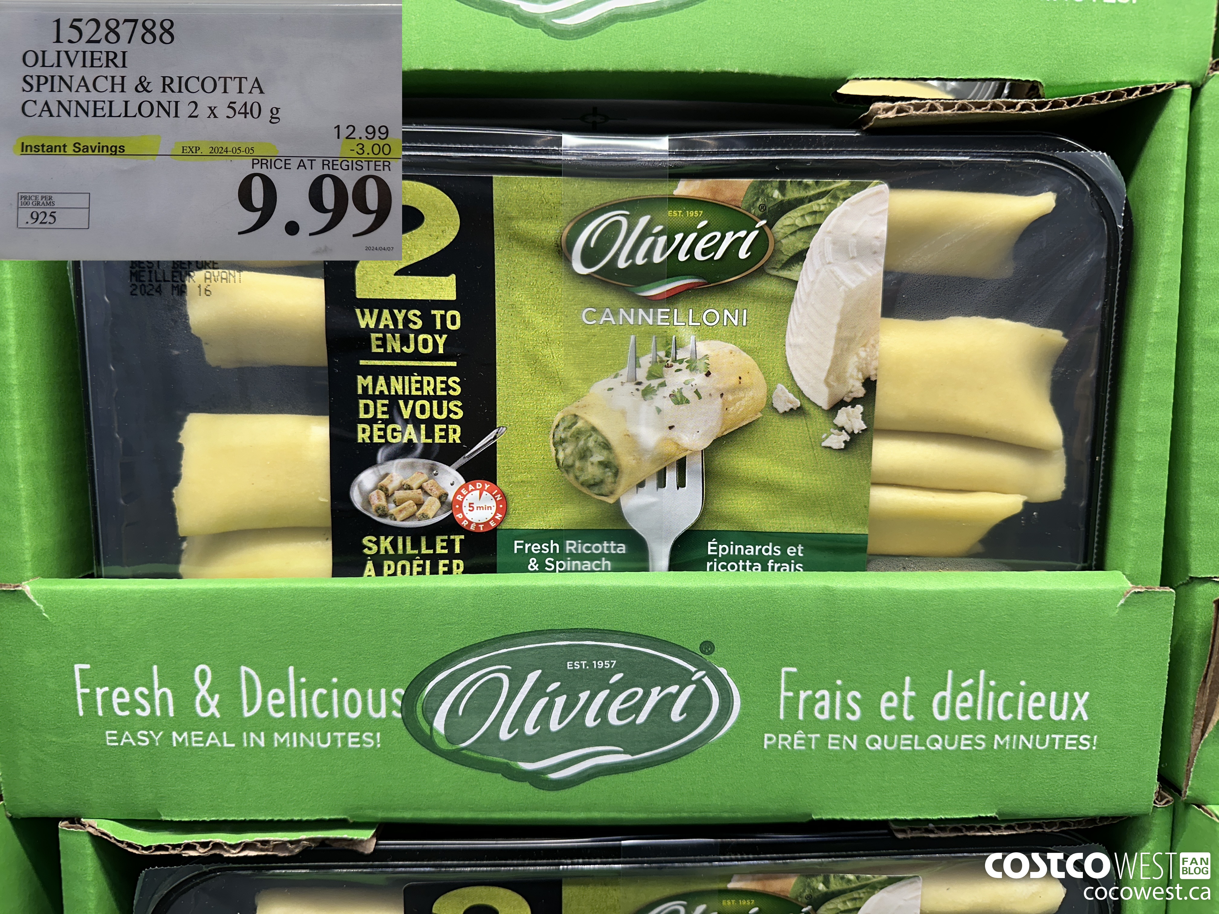 1528788 OLIVIERI SPINACH & RICOTTA CANNELLONI 2 x 540 g ($3.00 INSTANT SAVINGS EXPIRES ON 2024-05-05) $9.99