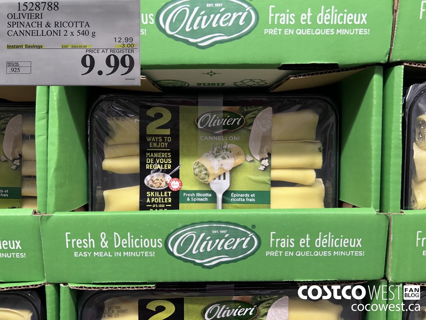 1528788 OLIVIERI SPINACH & RICOTTA CANNELLONI 2 x 540 g ($3.00 INSTANT SAVINGS EXPIRES ON 2024-05-05) $9.99