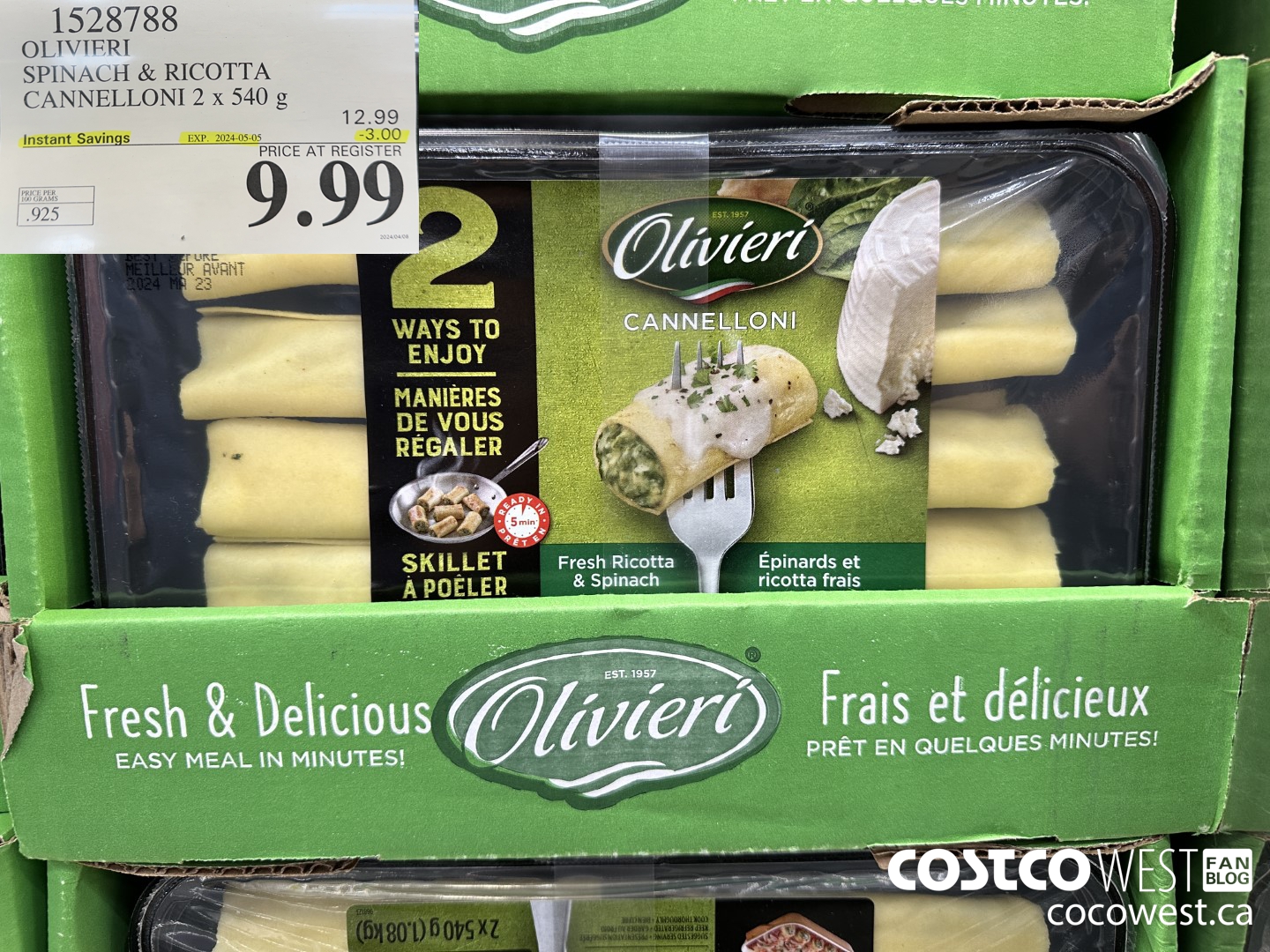 1528788 OLIVIERI SPINACH & RICOTTA CANNELLONI 2 x 540 g ($3.00 INSTANT SAVINGS EXPIRES ON 2024-05-05) $9.99