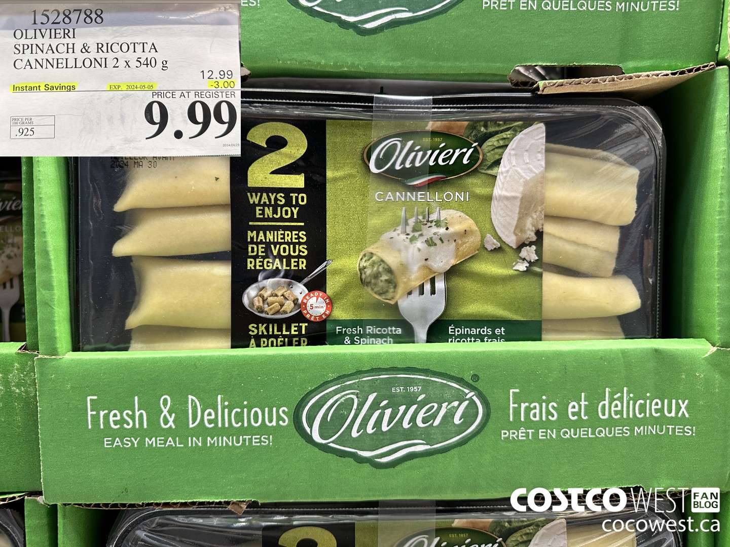 1528788 OLIVIERI SPINACH & RICOTTA CANNELLONI 2 x 540 g ($3.00 INSTANT SAVINGS EXPIRES ON 2024-05-05) $9.99