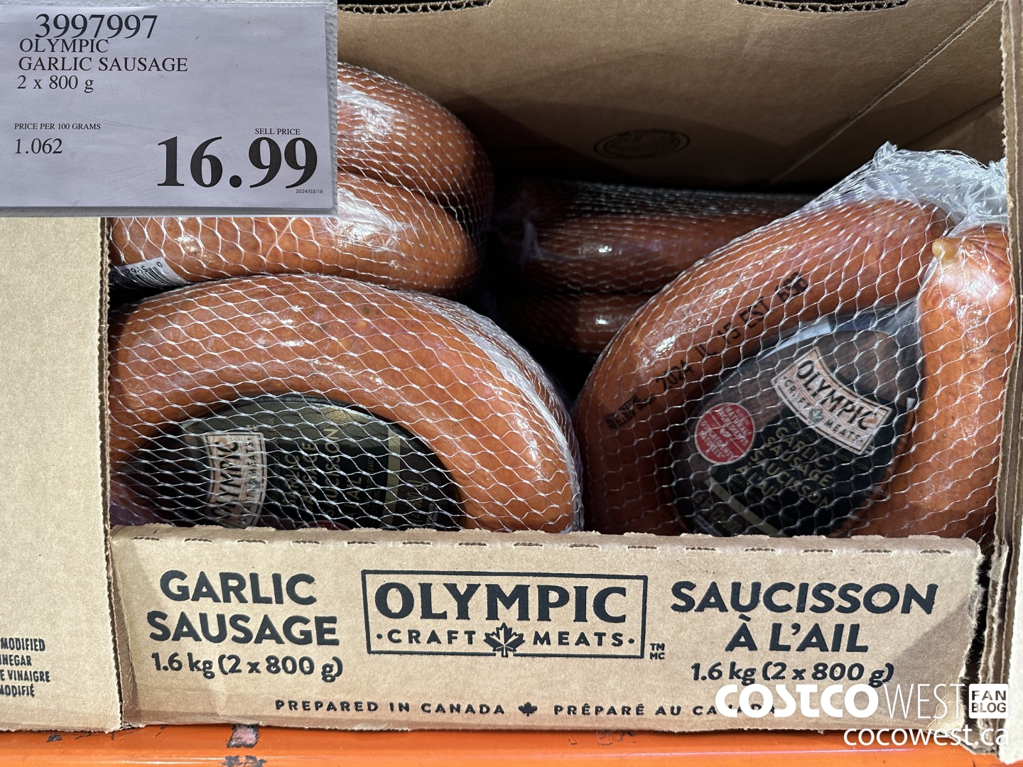 3997997 OLYMPIC GARLIC SAUSAGE 2 x 800 g $16.99