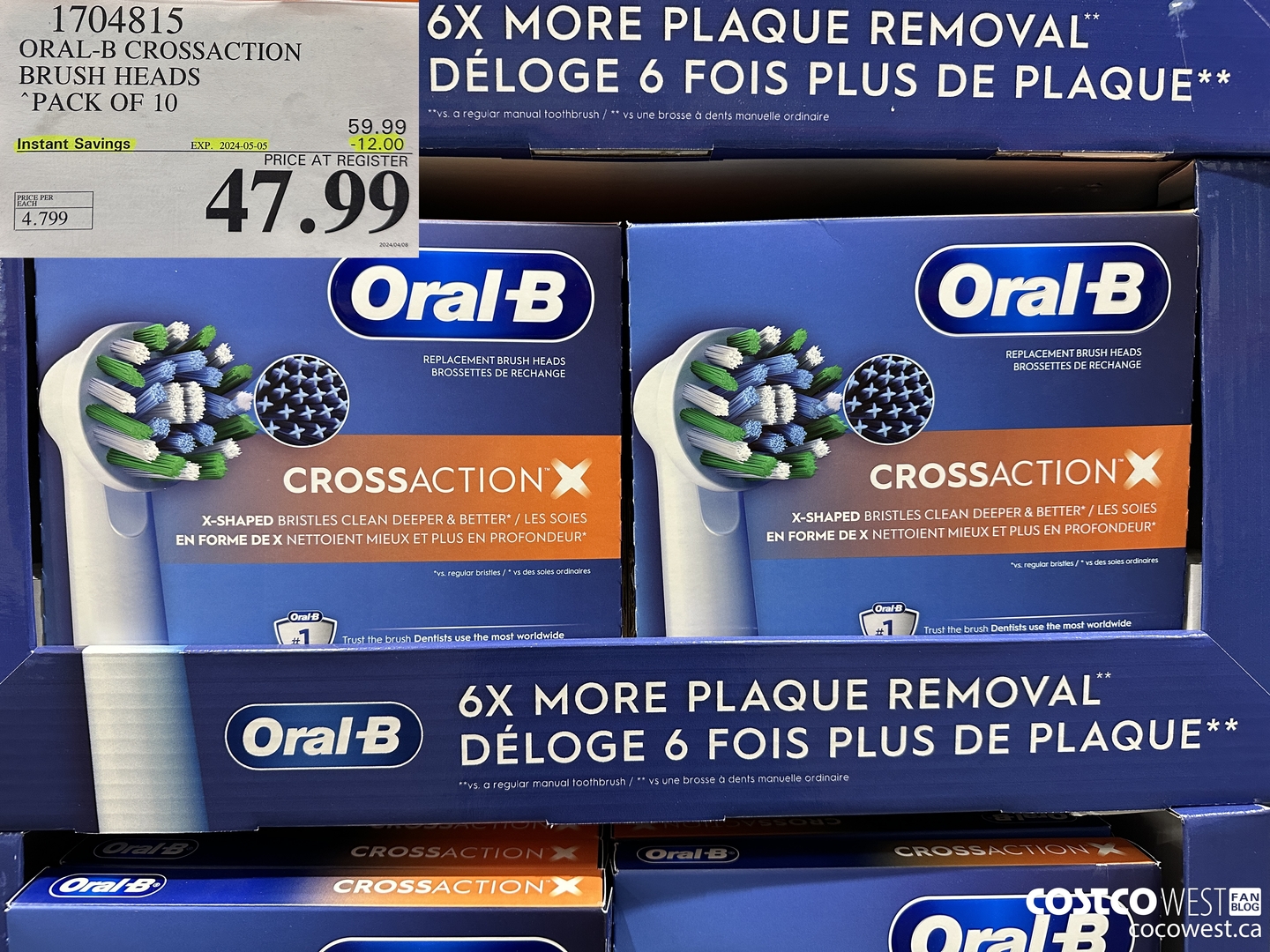 1704815 ORAL-B CROSSACTION BRUSH HEADS PACK OF 10 ($12.00 INSTANT SAVINGS EXPIRES ON 2024-05-05) $47.99