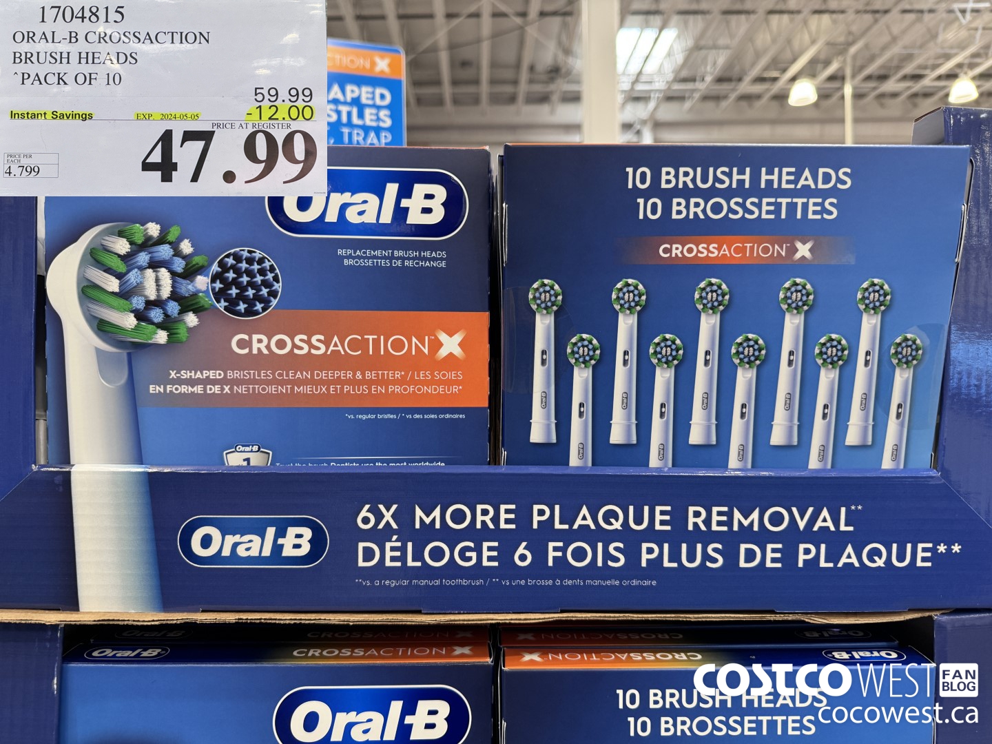 1704815 ORAL-B CROSSACTION BRUSH HEADS PACK OF 10 ($12.00 INSTANT SAVINGS EXPIRES ON 2024-05-05) $47.99