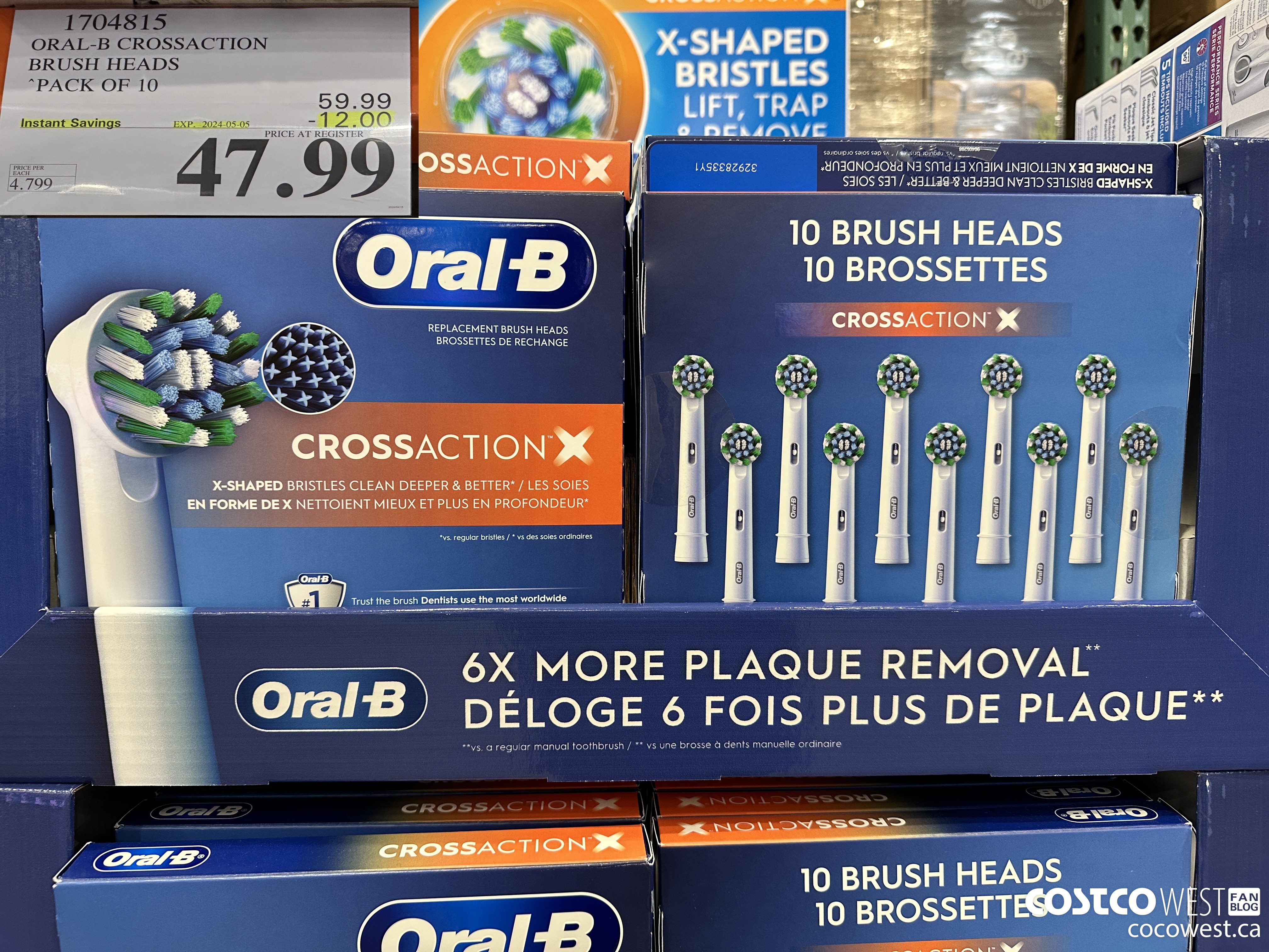 1704815 ORAL-B CROSSACTION BRUSH HEADS PACK OF 10 ($12.00 INSTANT SAVINGS EXPIRES ON 2024-05-05) $47.99