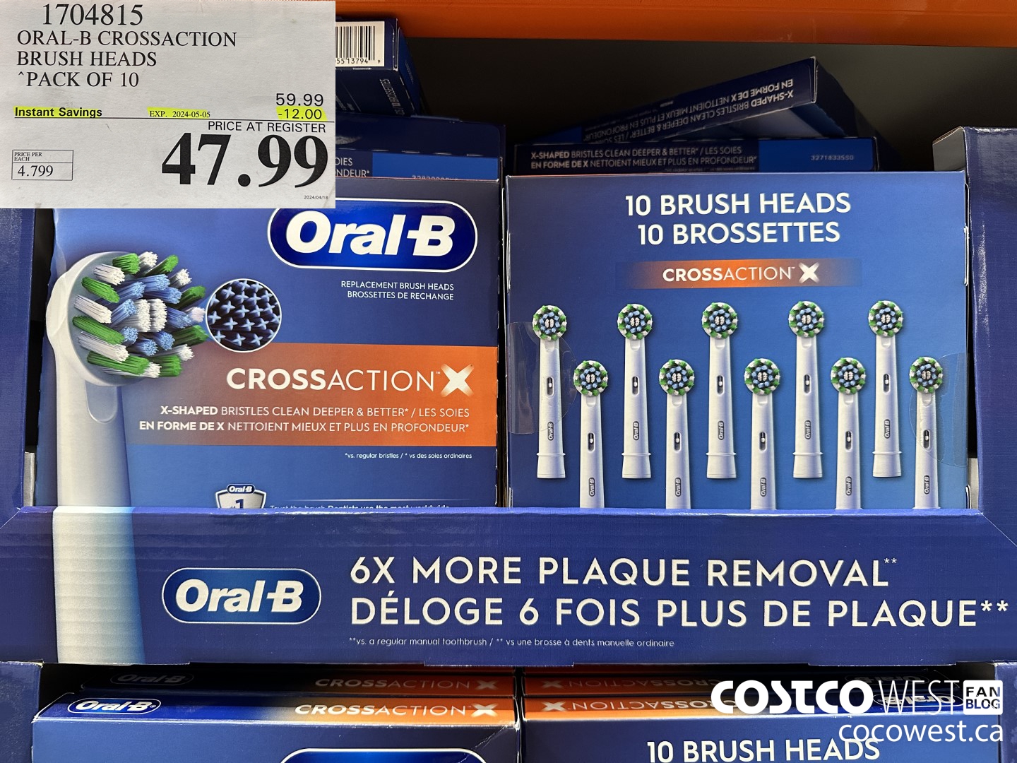 1704815 ORAL-B CROSSACTION BRUSH HEADS PACK OF 10 ($12.00 INSTANT SAVINGS EXPIRES ON 2024-05-05) $47.99