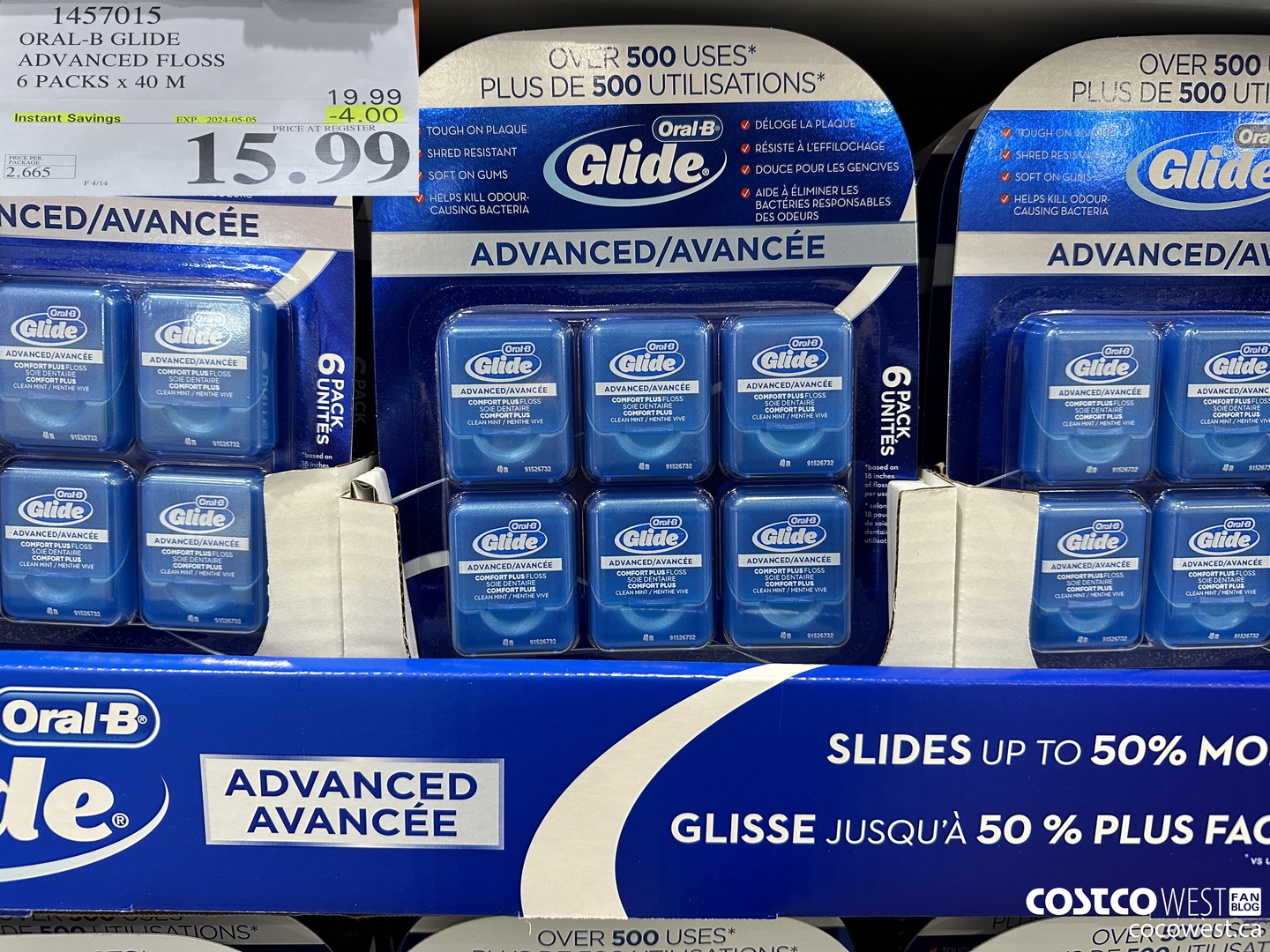 1457015 ORAL-B GLIDE ADVANCED FLOSS 6 PACKS x 40 M ($4.00 INSTANT SAVINGS EXPIRES ON 2024-05-05) $15.99