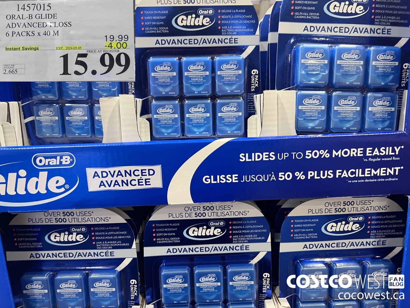 1457015 ORAL-B GLIDE ADVANCED FLOSS 6 PACKS x 40 M ($4.00 INSTANT SAVINGS EXPIRES ON 2024-05-05) $15.99