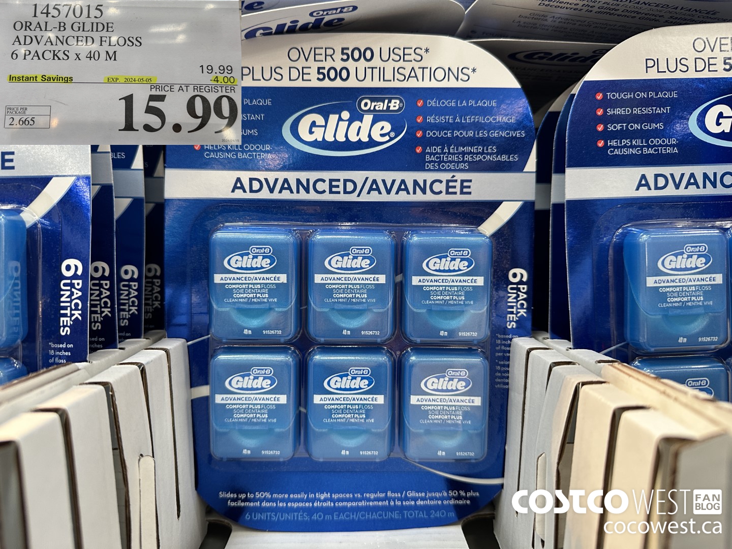 1457015 ORAL-B GLIDE ADVANCED FLOSS 6 PACKS x 40 M ($4.00 INSTANT SAVINGS EXPIRES ON 2024-05-05) $15.99