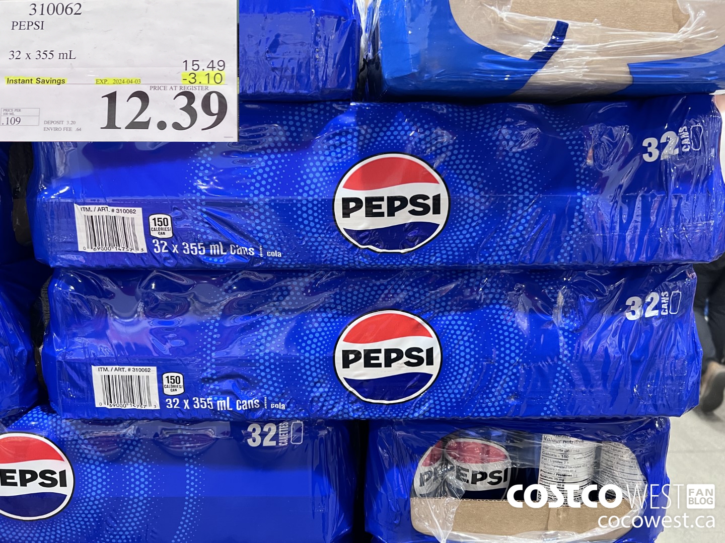 310062 PEPSI 32 X 355 ML ($3.10 INSTANT SAVINGS EXPIRES ON 2024-04-03) $12.39