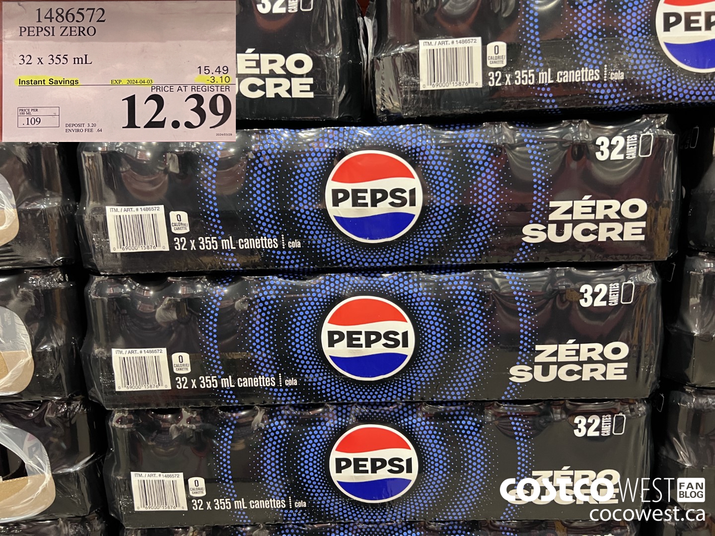 1486572 PEPSI ZERO 32 x 355 mL ($3.10 INSTANT SAVINGS EXPIRES ON 2024-04-03) $12.39
