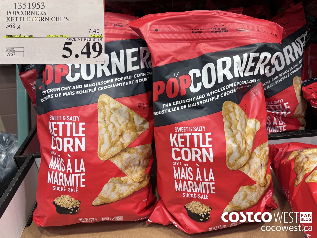 1351953 POPCORNERS KETTLE CORN CHIPS 568 g ($2.00 INSTANT SAVINGS EXPIRES ON 2024-04-07) $5.49
