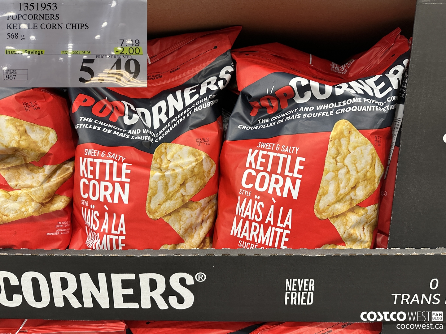 1351953 POPCORNERS KETTLE CORN CHIPS 568 g ($2.00 INSTANT SAVINGS EXPIRES ON 2024-05-05) $5.49