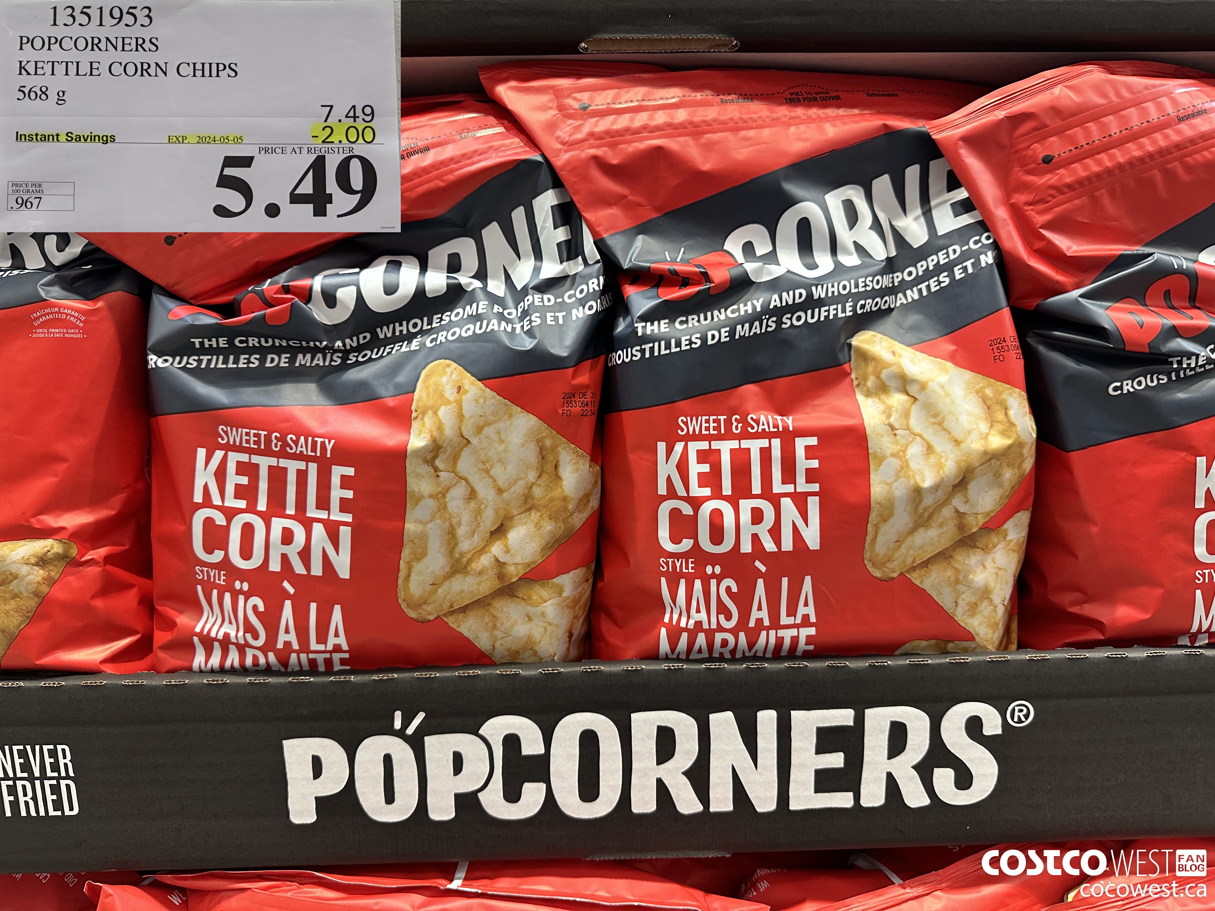 1351953 POPCORNERS KETTLE CORN CHIPS 568 g ($2.00 INSTANT SAVINGS EXPIRES ON 2024-05-05) $5.49