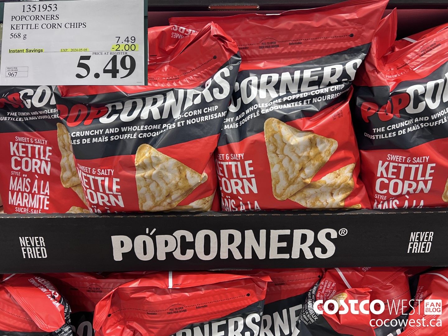 1351953 POPCORNERS KETTLE CORN CHIPS 568 g ($2.00 INSTANT SAVINGS EXPIRES ON 2024-05-05) $5.49