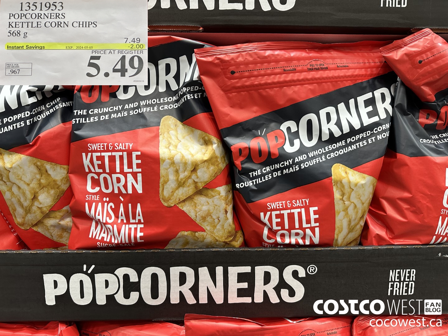 1351953 POPCORNERS KETTLE CORN CHIPS 568 g ($2.00 INSTANT SAVINGS EXPIRES ON 2024-05-05) $5.49