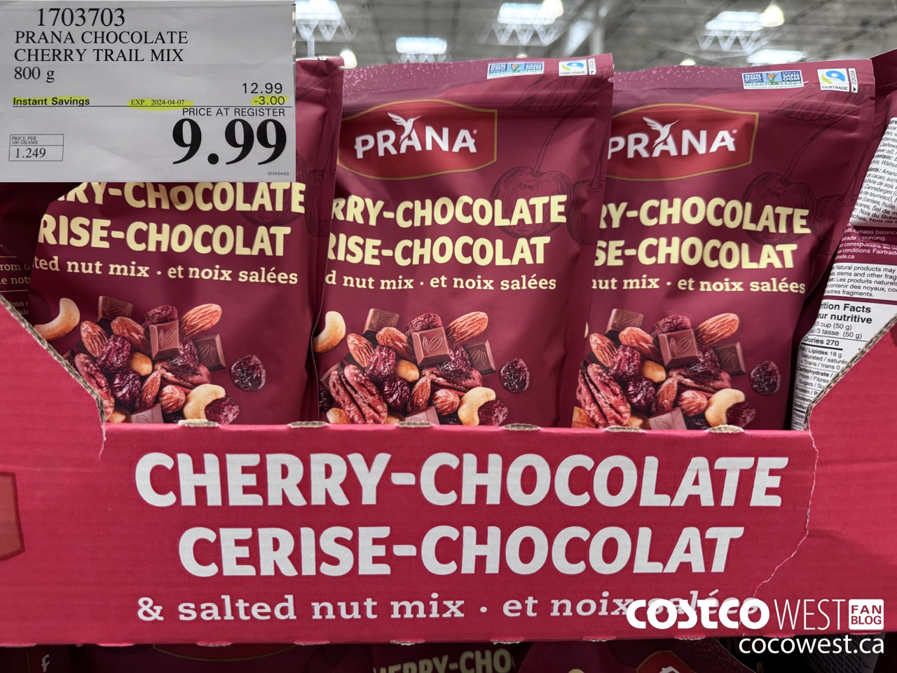 1703703 PRANA CHOCOLATE CHERRY TRAIL MIX 800 g ($3.00 INSTANT SAVINGS EXPIRES ON 2024-04-07) $9.99