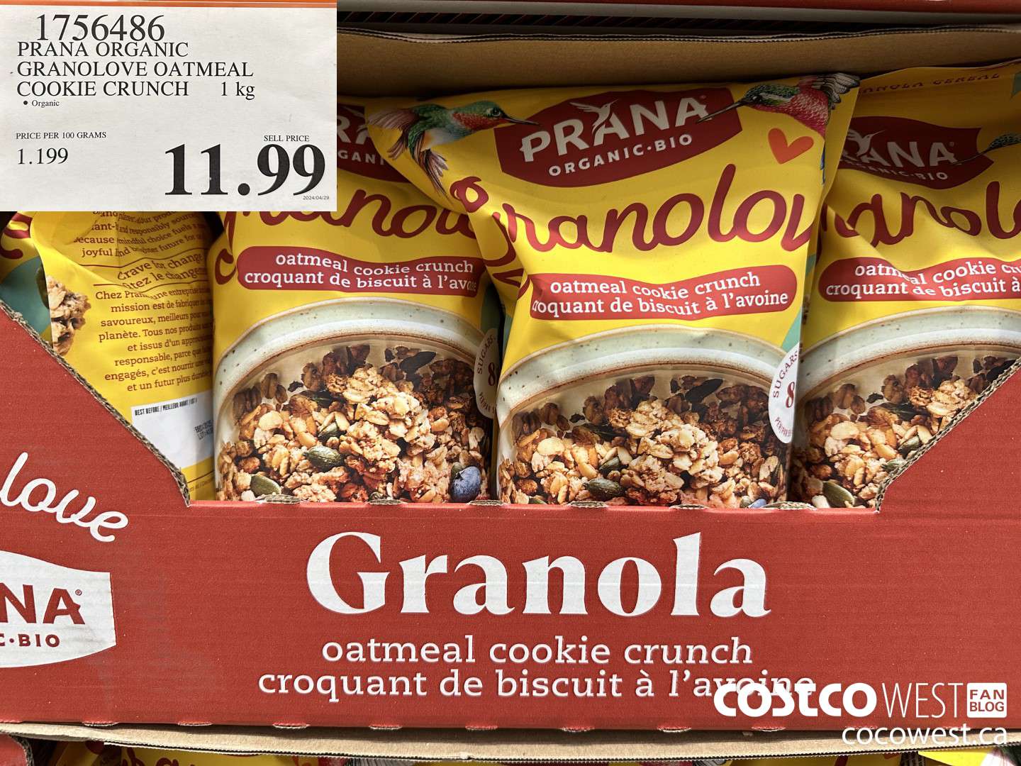 1756486 PRANA ORGANIC GRANOLOVE OATMEAL COOKIE CRUNCH 1 KG $11.99