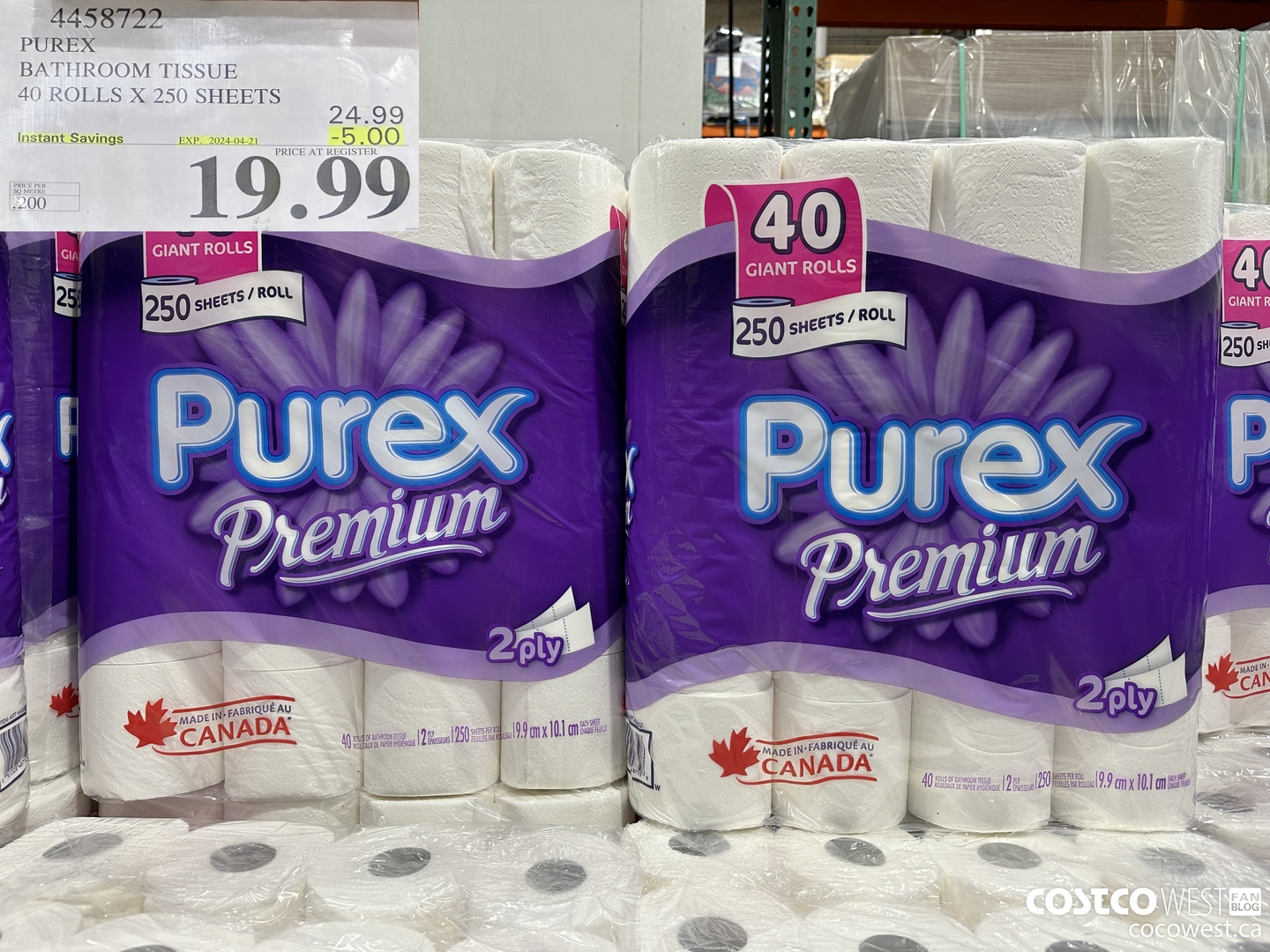 4458722 PUREX BATHROOM TISSUE 40 ROLLS X 250 SHEETS ($5.00 INSTANT SAVINGS EXPIRES ON 2024-04-21) $19.99