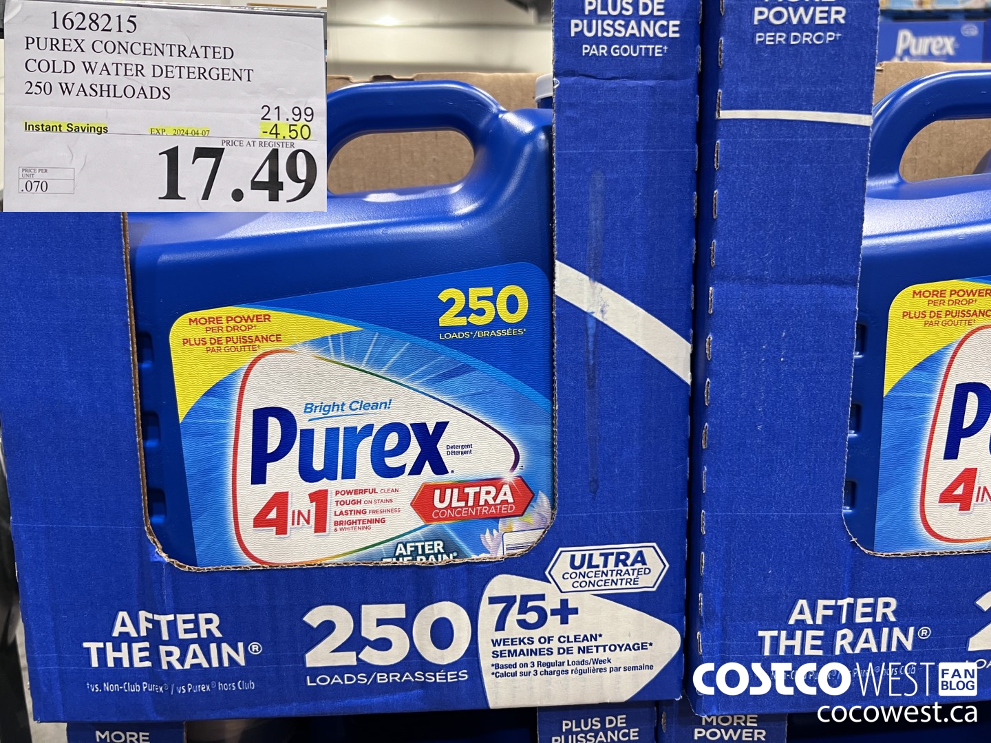 1628215 PUREX CONCENTRATED COLD WATER DETERGENT 250 WASHLOADS ($4.50 INSTANT SAVINGS EXPIRES ON 2024-04-07) $17.49