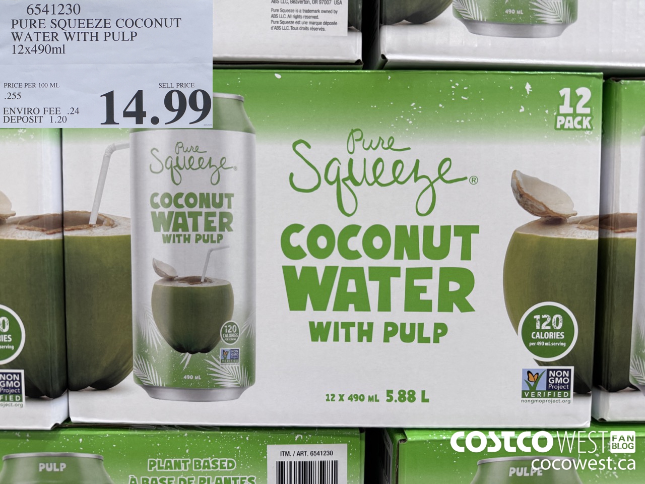6541230 PURE SQUEEZE COCONUT WATER WITH PULP 12x490ml $14.99