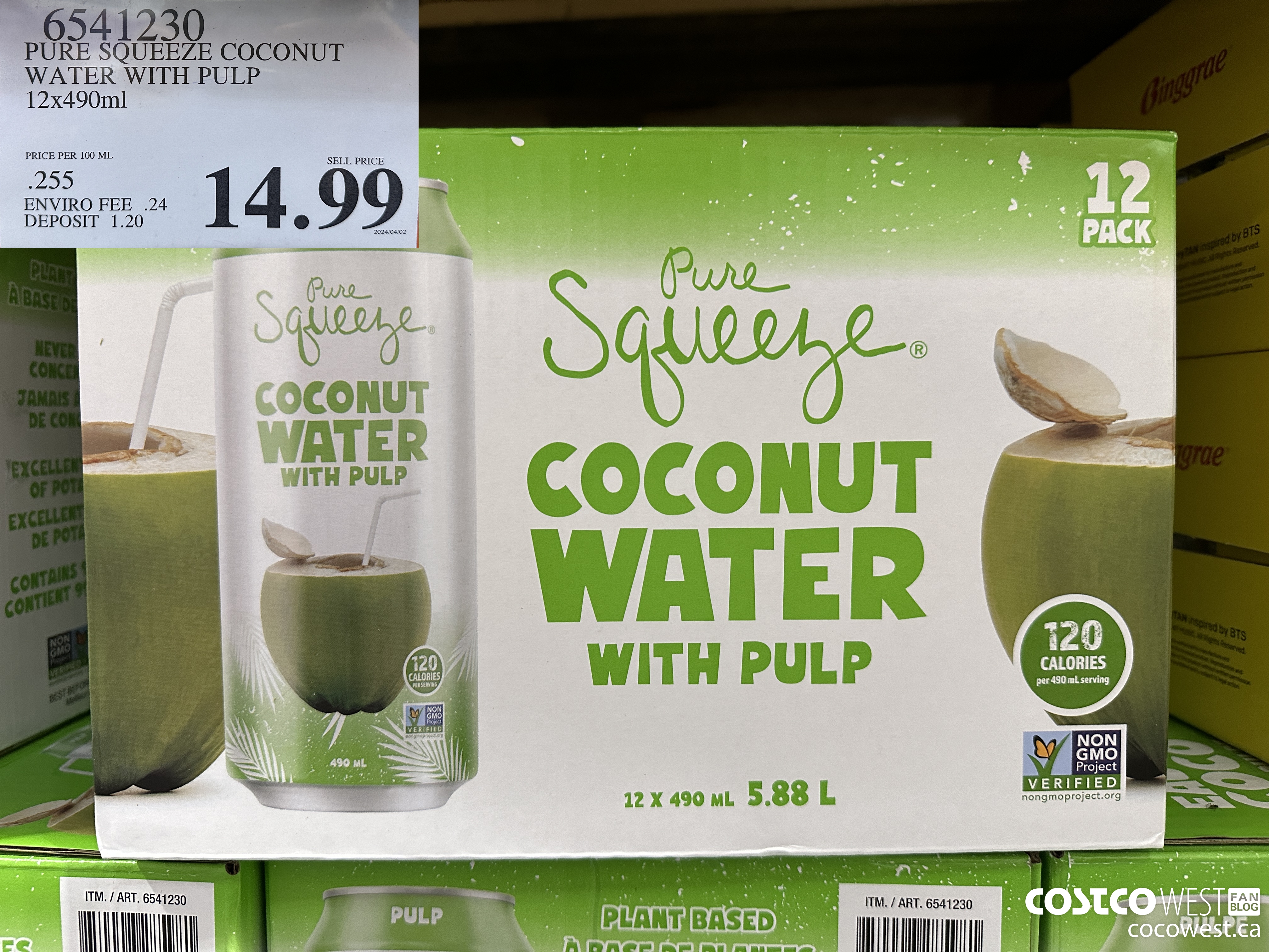 6541230 PURE SQUEEZE COCONUT WATER WITH PULP 12x490ml $14.99
