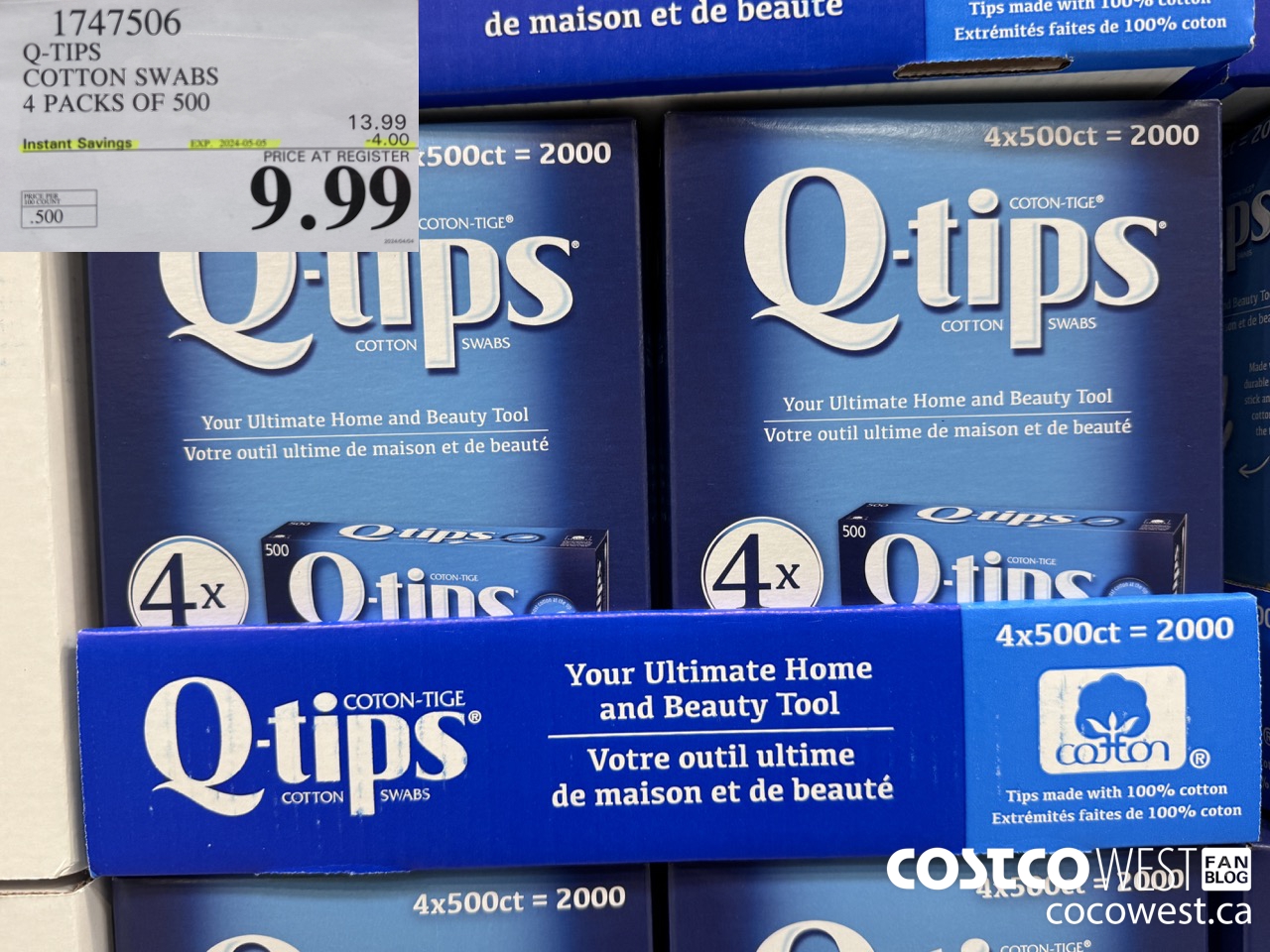 1747506 Q-TIPS COTTON SWABS 4 PACKS OF 500 ($4.00 INSTANT SAVINGS EXPIRES ON 2024-05-05) $9.99