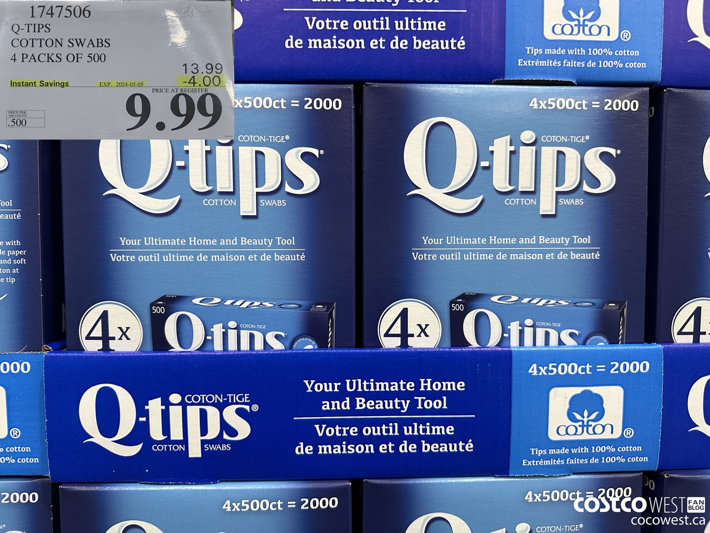 1747506 Q-TIPS COTTON SWABS 4 PACKS OF 500 ($4.00 INSTANT SAVINGS EXPIRES ON 2024-05-05) $9.99