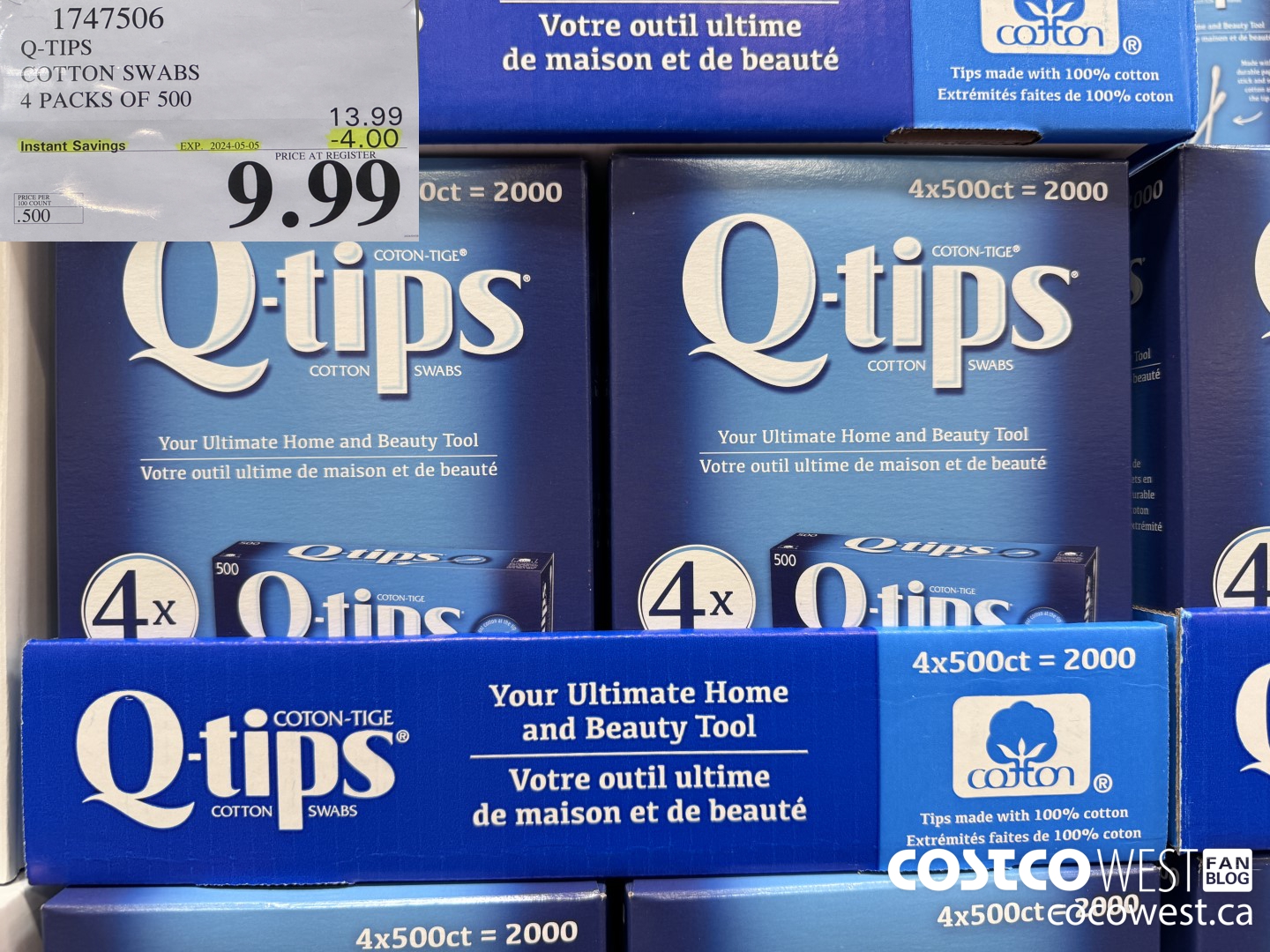 1747506 Q-TIPS COTTON SWABS 4 PACKS OF 500 ($4.00 INSTANT SAVINGS EXPIRES ON 2024-05-05) $9.99