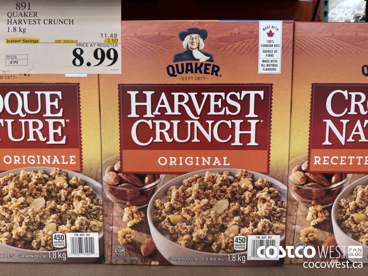 891 QUAKER HARVEST CRUNCH 1.8 KG ($2.50 INSTANT SAVINGS EXPIRES ON 2024-04-17) $8.99