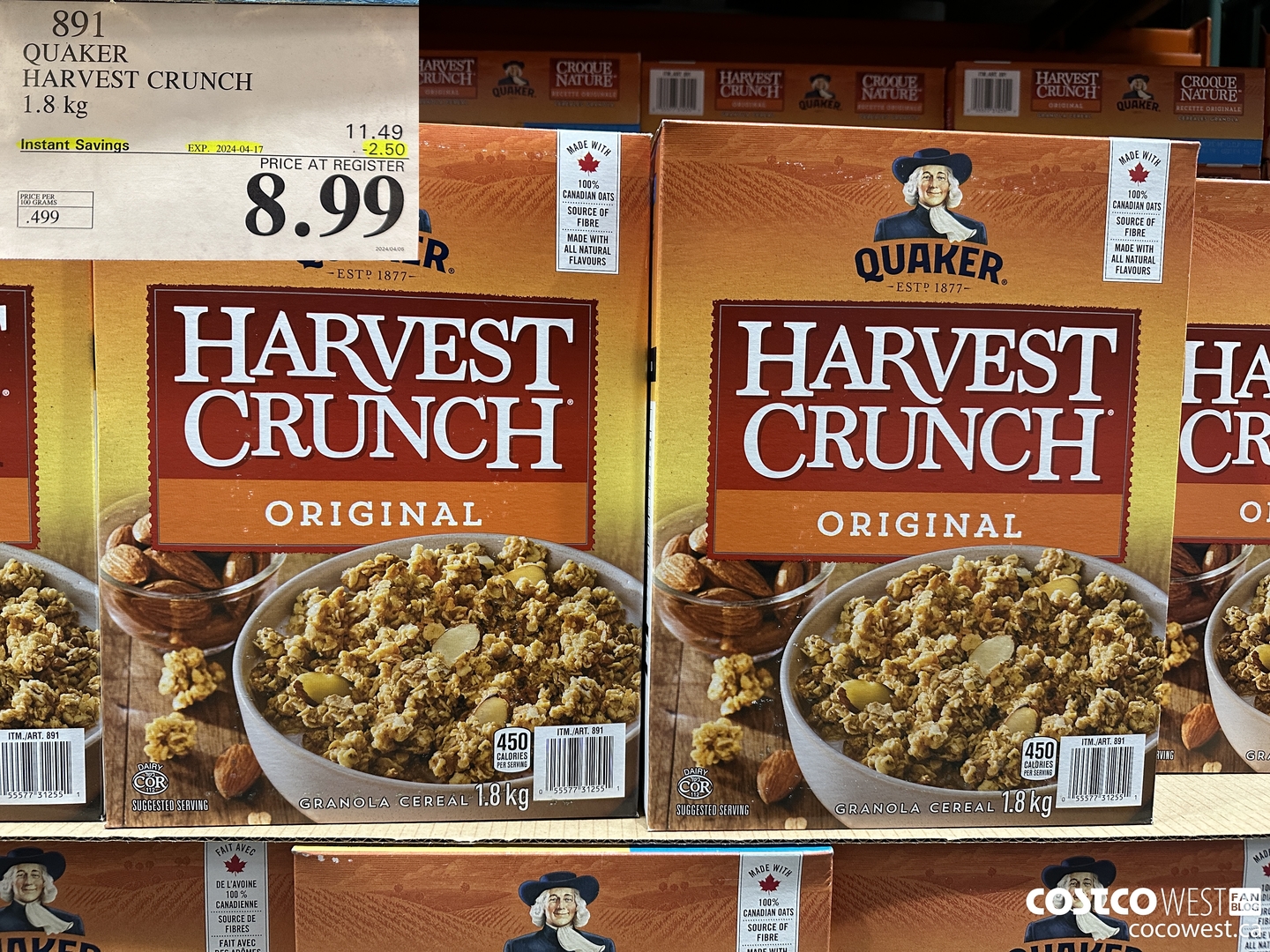 891 QUAKER HARVEST CRUNCH 1.8 KG ($2.50 INSTANT SAVINGS EXPIRES ON 2024-04-17) $8.99