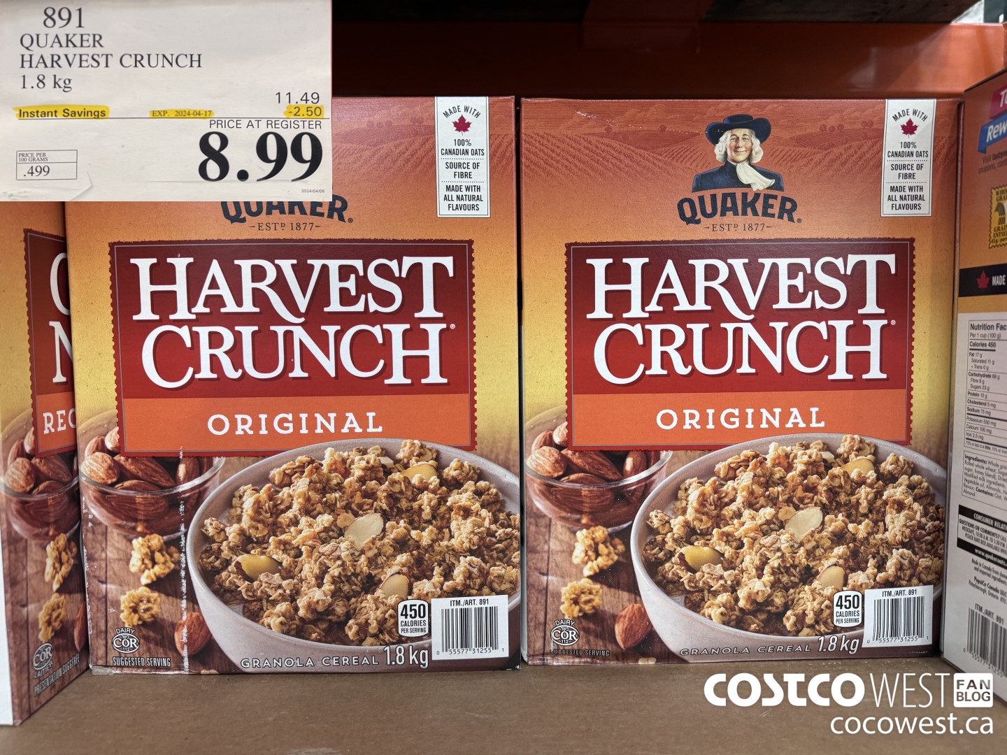 891 QUAKER HARVEST CRUNCH 1.8 KG ($2.50 INSTANT SAVINGS EXPIRES ON 2024-04-17) $8.99